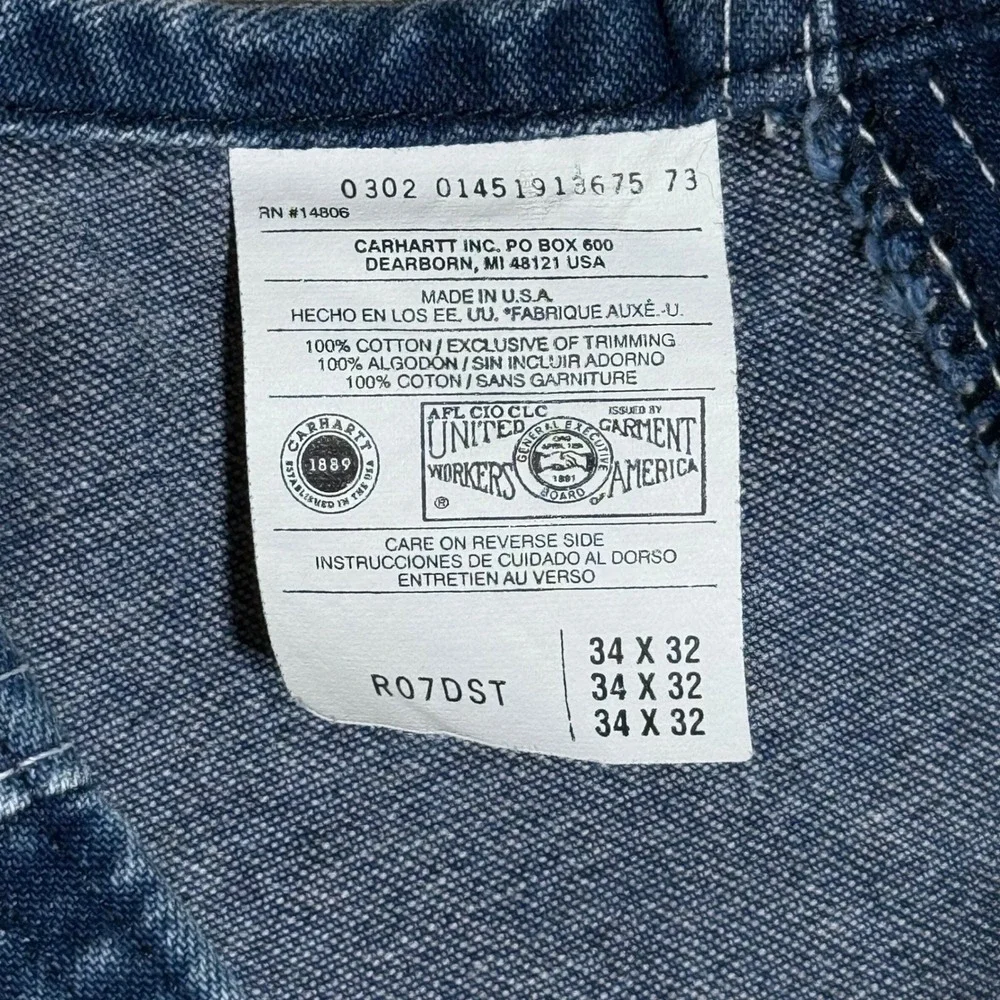 Carhartt Denim Overalls 34x32 R07DST Workwear Blue Cotton Made in USA vintage